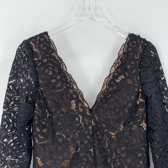Vera Wang Dress black lace cocktail shift sheath long sleeve back front V 10 - Picture 2 of 4